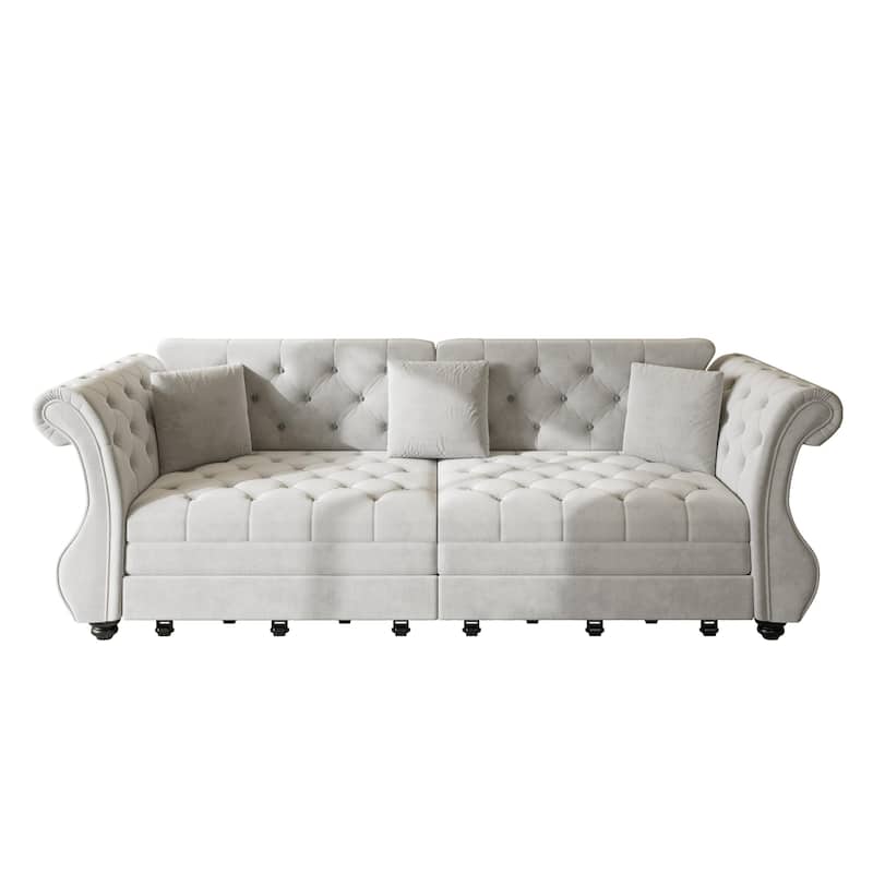 Chesterfield Pull Out Sofa Bed, Oversized 3-Seater/4-Seater Velvet Couch with Flared Arms, Convertible Sleeper Sofa
