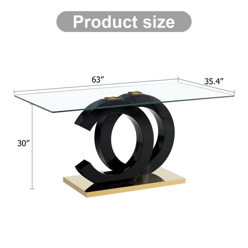 Contemporary Glass Dining Table‌ – Rectangular 6-8 Seater with 0.39" Tempered Glass Top, Black MDF Frame & Sturdy Metal Base