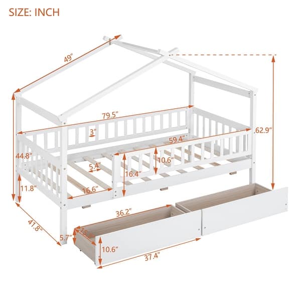 dimension image slide 1 of 4, Wooden Twin Size House Bed with Roof, Guardrail and Drawers