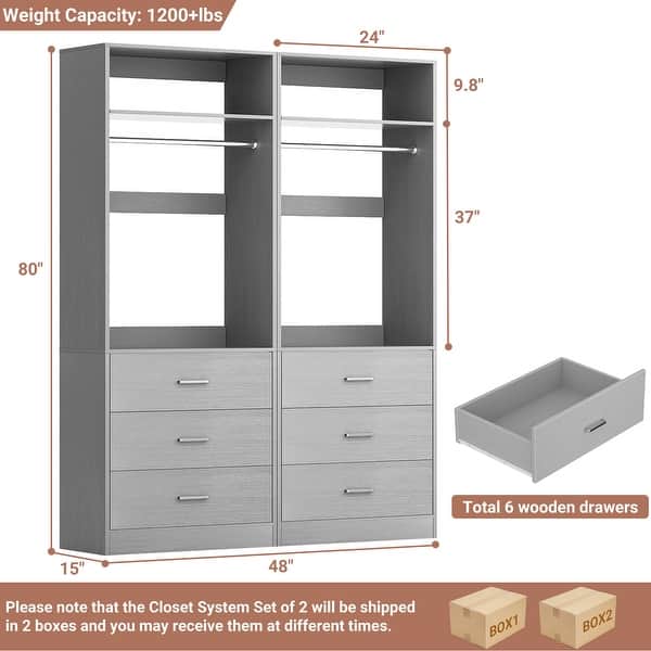dimension image slide 1 of 11, Kyrvo Freestanding Closet System with 3 Wooden Drawers and Hanging Rod and Storage Shelf, Walk-in Closet Organizer Wardrobe