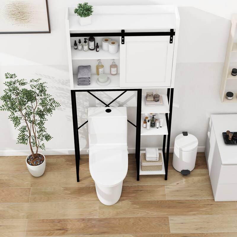 Sofucor Over The Toilet Storage with Sliding Barn Door,Bathroom Cabinet with Adjustable Shelves&Side Rack,for Small Bathrooms