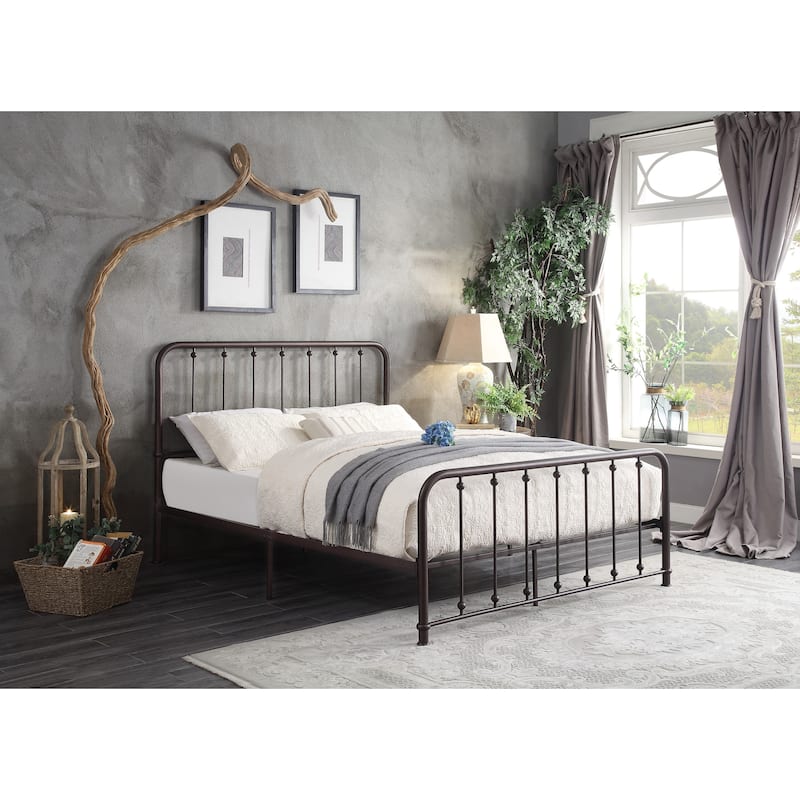 Queen Size Metal Platform Bed with Ball Accent Headboard