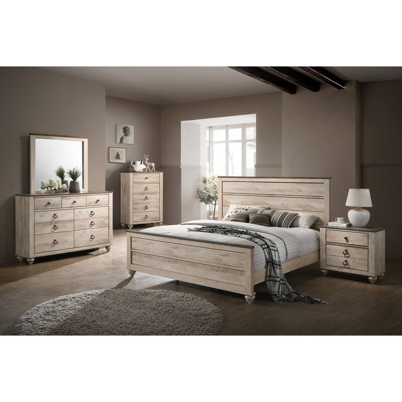 Imerland Contemporary White Wash Finish Bedroom Set, Queen Bed, Dresser, Mirror, Nightstand, Chest