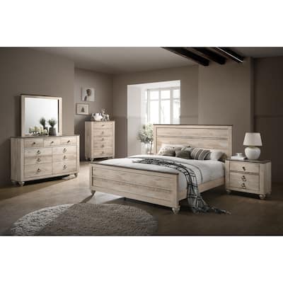 Imerland Contemporary White Wash Finish Bedroom Set, Queen Bed, Dresser, Mirror, Nightstand, Chest