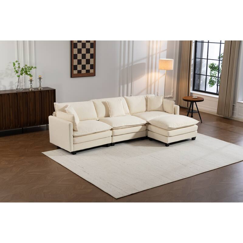 Anmytek 3-Seat 114.17" Modern Sectional Sleeper Sofa with Ottoman, Waist Pillows & Chaise Lounge - Left Facing - Antique White