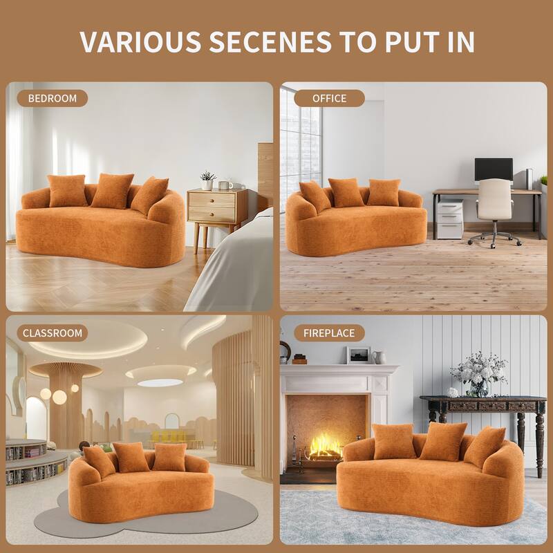 Chenille Deep Seat Loveseat Sofa, Full Compression Sponge Curved Loveseat Sofa, Cloud Floor Couch with 3 Pillows