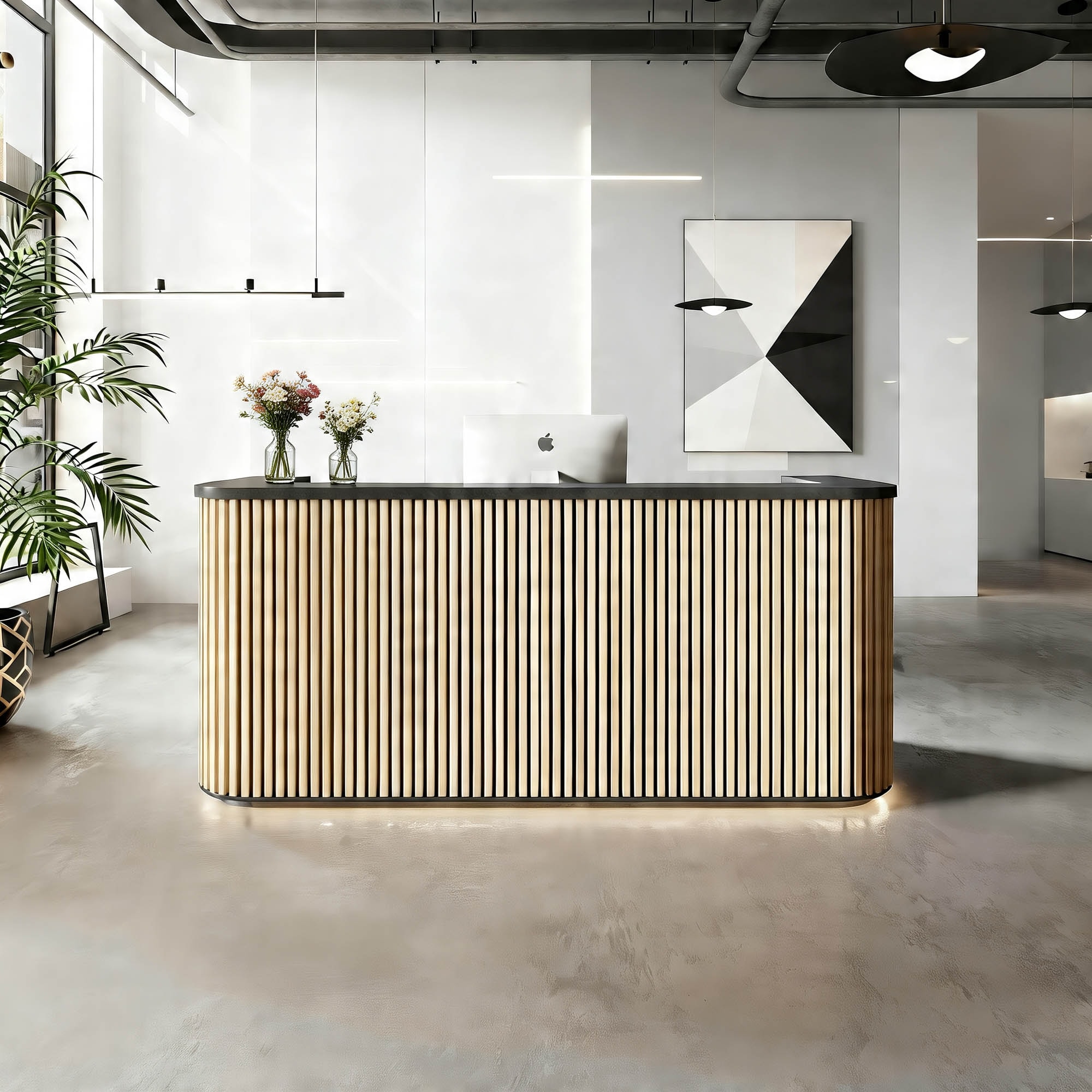 70inch Curved Reception Desk, Mid Century Front Desk Reception Room Table with Power Outlets