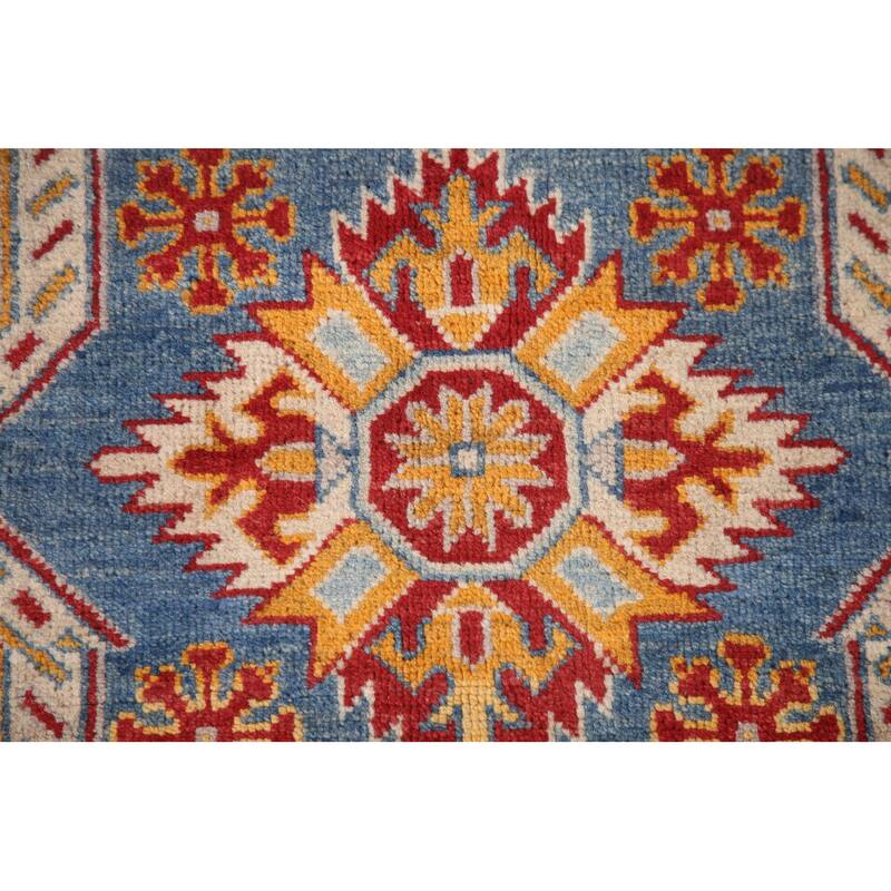 Kazak Area Rug Hand-Knotted Geometric Grey Wool Carpet - 6'9" x 9'8"