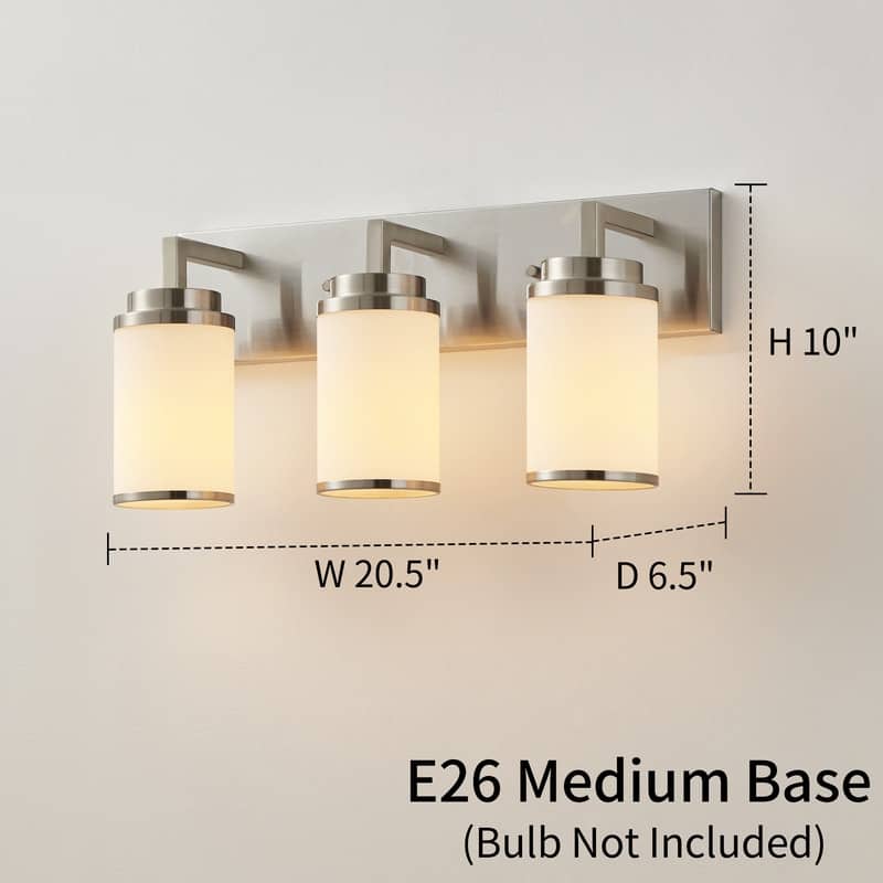 KAWOTI Frosted White Glasses Vanity Light with Metal Ring (Nickel)