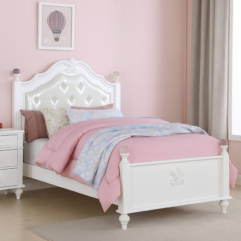 Bela Twin Size Bed w Button Tufted Headboard, White Faux Leather