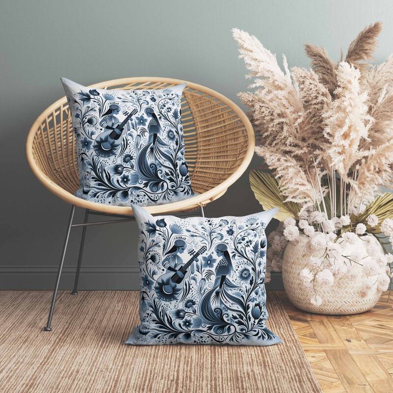 Musical Farry Indoor/Outdoor Reversible Throw Pillow White and Blue