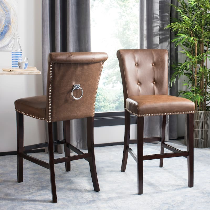 SAFAVIEH Rosalba 30-inch Bar Stool (Set of 2) - 20" x 26.5" x 44.5" - 20" x 26.5" x 44.5" - 20Wx27Dx45H - Brown Pu/Chrome Nh+Ring/Espresso Leg