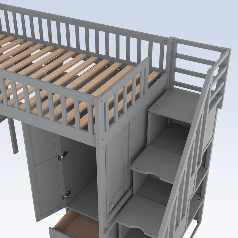 Modern Twin size Loft Bed with Bookshelf,Drawers,Desk,and Wardrobe
