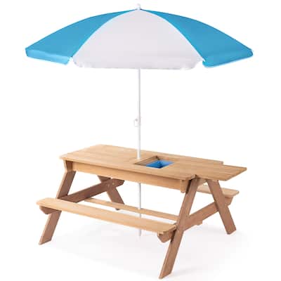 Natural Wood Cedar 3-in-1 Kids Picnic Table with Umbrella and Play Sink - 37” W x 35” D x 20” H