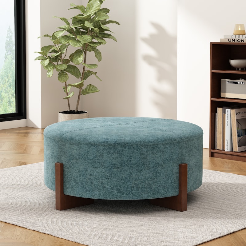 Christopher Knight Home - 34" Round Tufted Upholstered Cocktail Ottoman, Leather Coffee Table with Solid Wood Legs - White Boucle