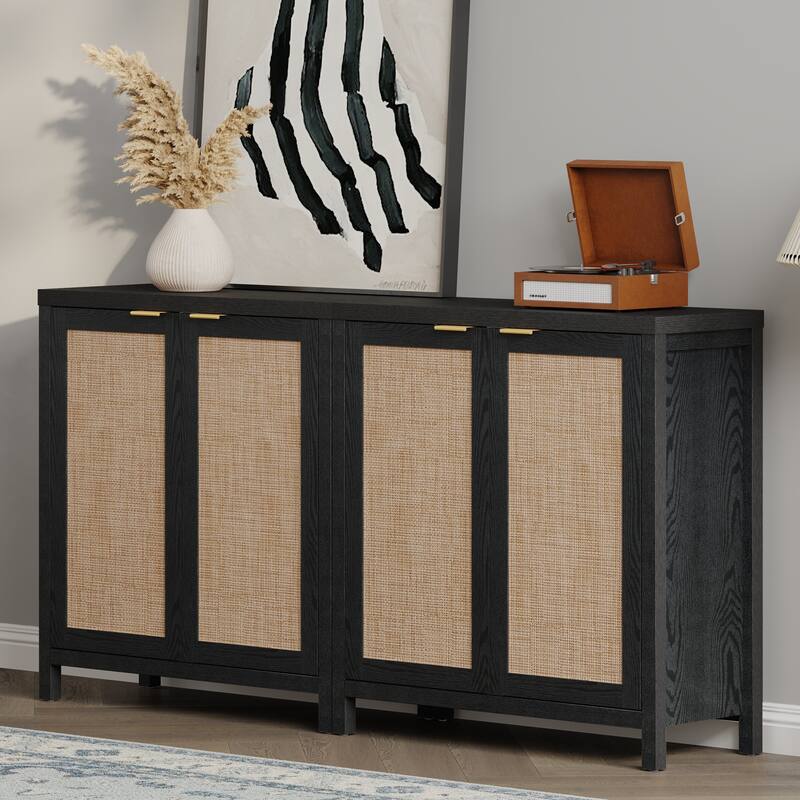 SICOTAS Rattan Sideboard Buffet Set of 2 with 2 Doors - N/A - Black
