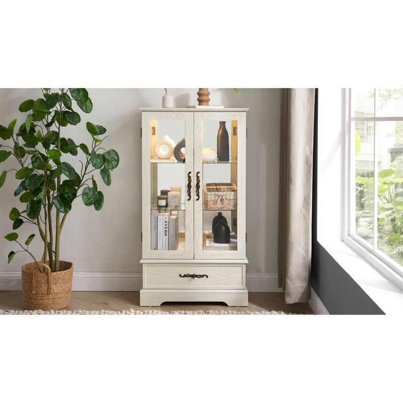Lighted Glass Curio Cabinet with Adjustable Shelves - Elegant 2-Door Display Cabinet & Built-in Drawer, Includes Bulb