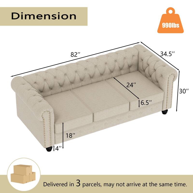 Morden Fort Button Tufted Upholstered Chesterfield Sofa Set Chair and Sofa,2 PCS for Living Room,Linen,Solid Wood Legs