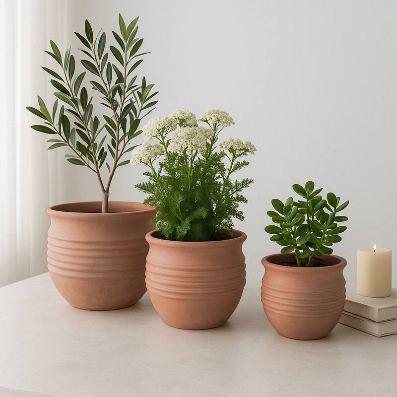 Pottery Planter Ribbed Crafted Durable Earthenware Material (Set of 3) - 15" x 15" x 13"