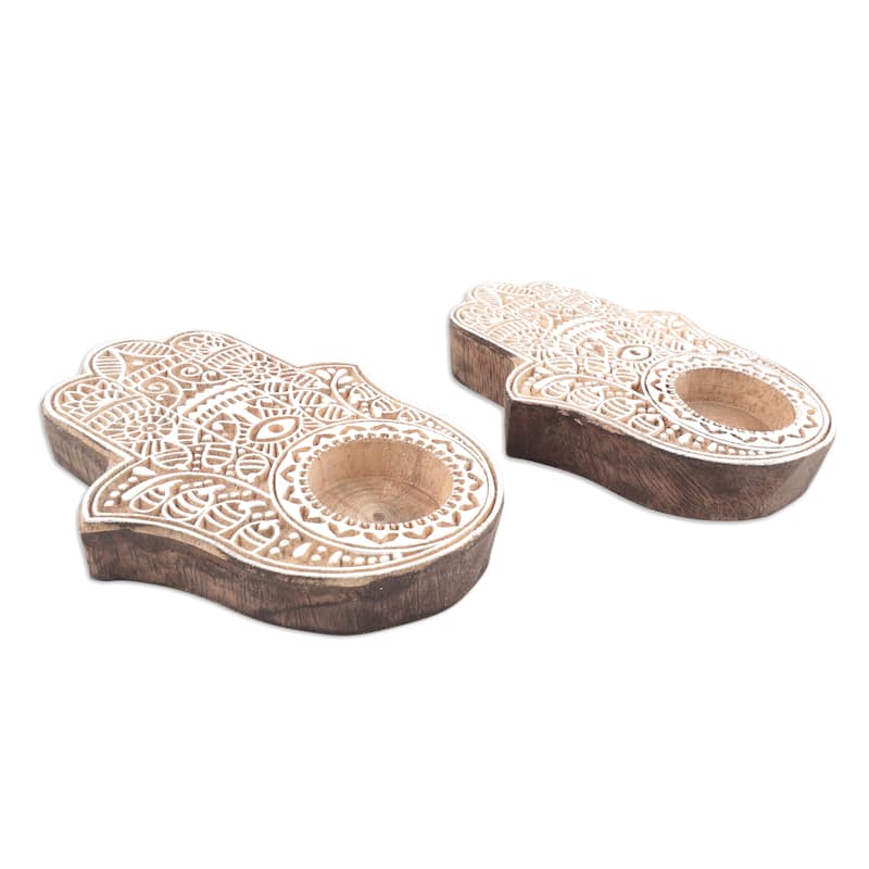 Novica Handmade Illuminated Hamsa Wood Tealight Candle Holders (Pair)
