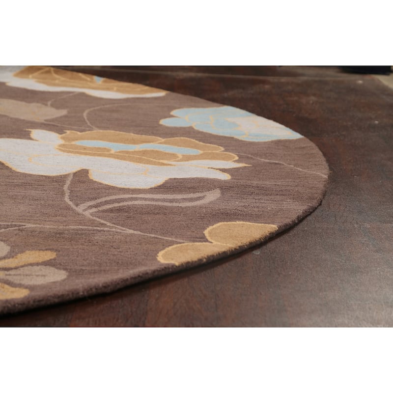 Brown Contemporary Floral Oriental Area Rug Hand-tufted Wool Carpet - 10'0" x 10'0" Round