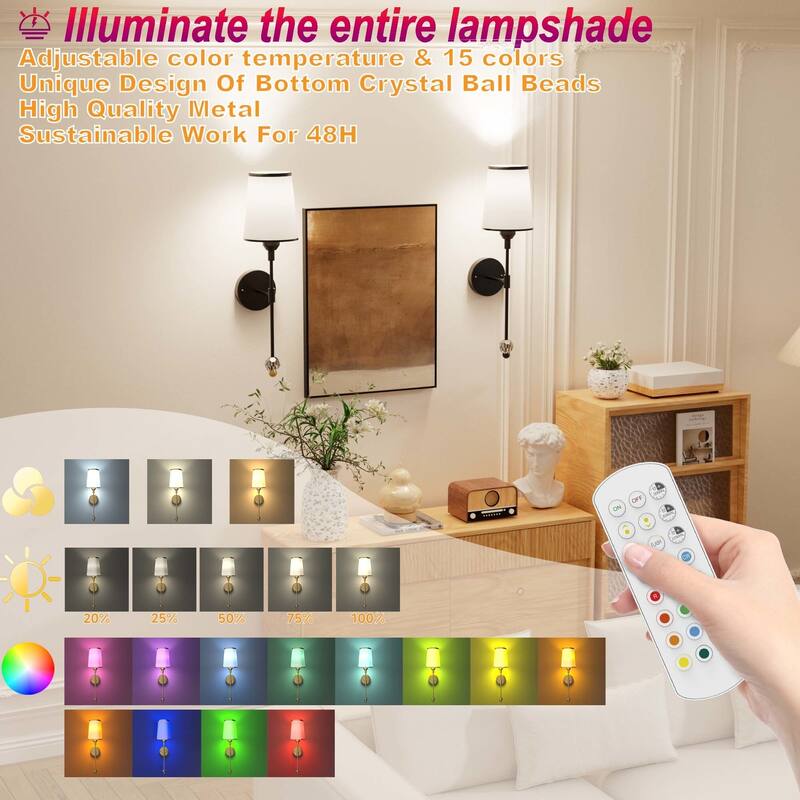 2-Pack Battery Operated Wall Sconces Rechargeable with Remote Control Dimmable 15-Color Light - N/A