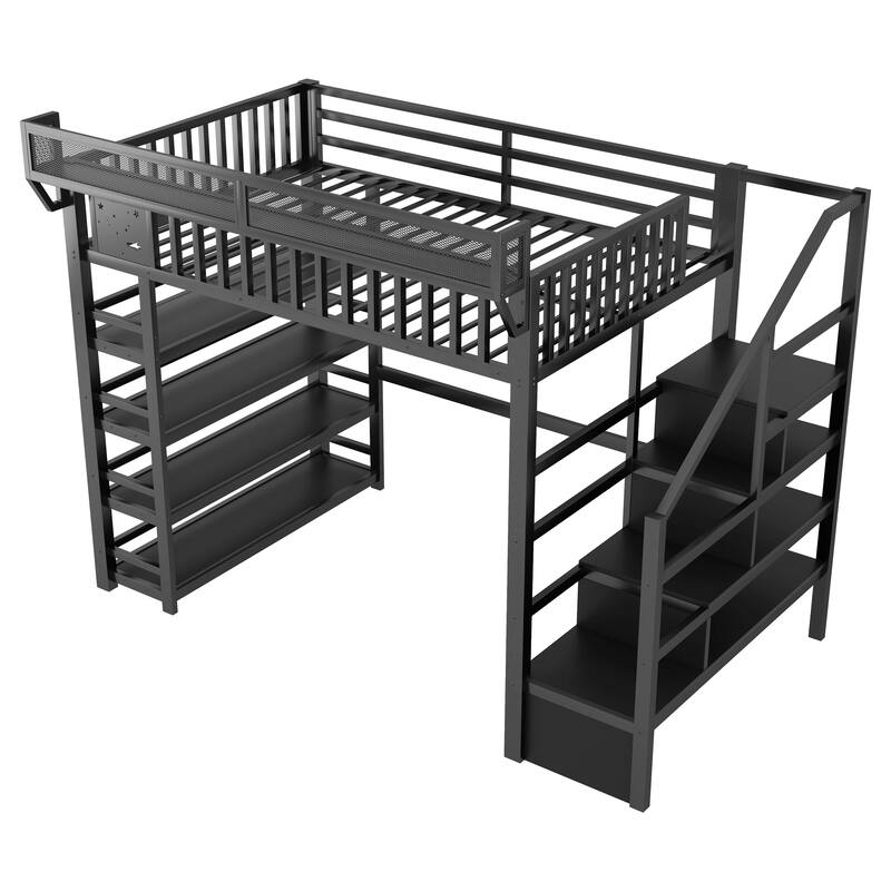 Full Size Metal Loft Bed with Charging Station and 4-Shelf Storage, Kids & Teens Loft Bed with Storage Stairs