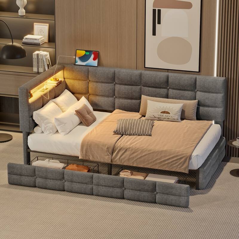 Modern Twin-size Upholstered Daybed Frame with Charging Station and LED Lights - Grey
