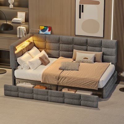 Modern Twin-size Upholstered Daybed Frame with Charging Station and LED Lights