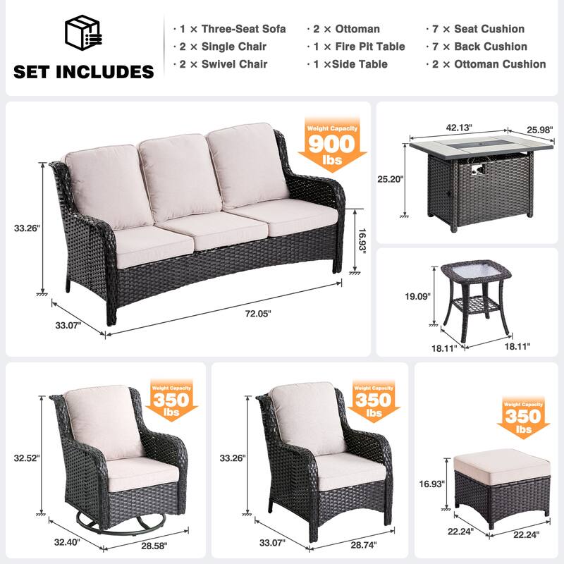 OVIOS 9-piece Patio Wicker Swivel Rocking Chair Set With Fire Pit