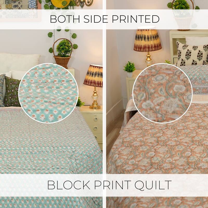 Fabdivine Luxury Hand Block Print Cotton Quilt Both Side Printed Green White Floral, Double-Sided Reversible Bedspread for Decor