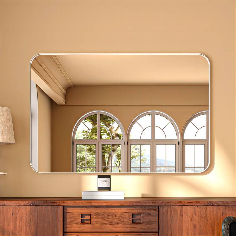 Organnice Rectangular Aluminum Framed Modern Rounded Wall Mount Mirror