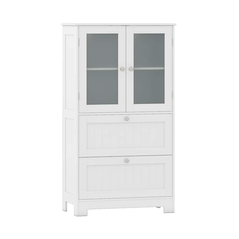 White Freestanding Floor Storage Cabinet with Glass Doors and 2 Drawers and Adjustable Shelf for Bathroom - 23.5" x 12" x 42.5"