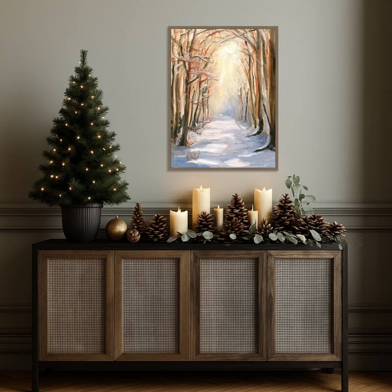 Path in Winter by Sandra Iafrate Framed Canvas Wall Art Print - Sylvie Dark Gold