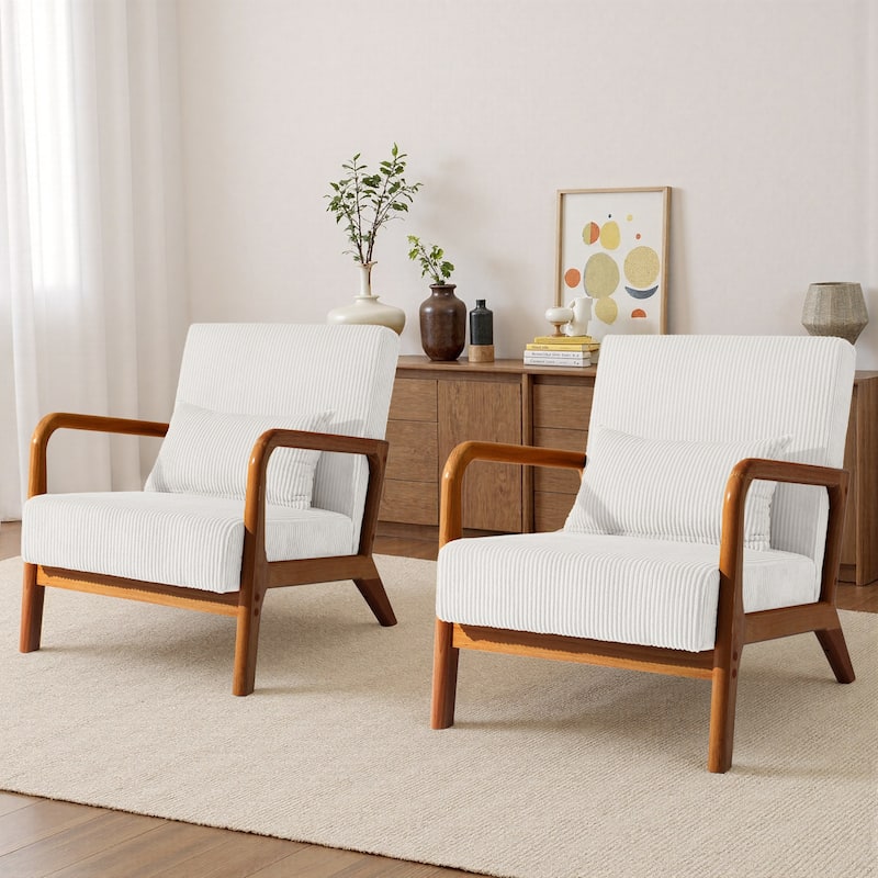 25" W Mid Century Upholstered Wood Accent Chair with Pillow set of 2