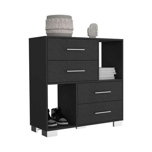 35 Inch Black Dresser featuring 4 Drawers and Open Shelving for Extra Storage - Bed Bath & Beyond - 41626352 35 Inch Black Dresser featuring 4 Drawers and Open Shelving for Extra Storage - Bed Bath & Beyond - 41626352