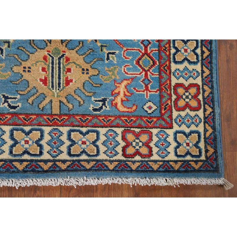 Blue Geometric Kazak Foyer Rug Hand-Knotted Wool Carpet - 2'10" x 3'11"