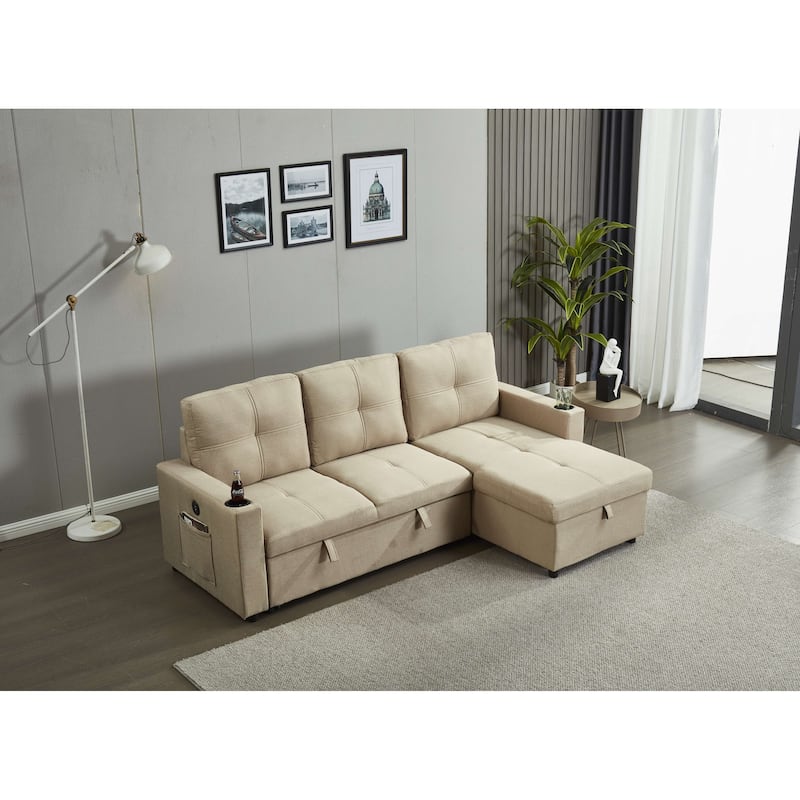 Linen Sectional Sofa Reversible Chaise with Pull out Sleeper