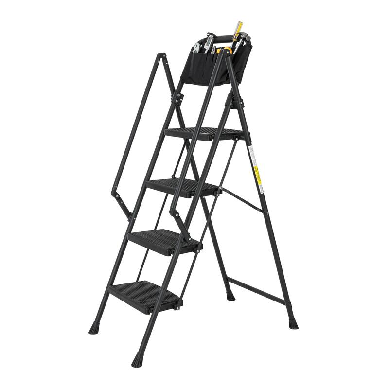 Black 4-Step Folding Step Stool Ladder Removable Tool Bag