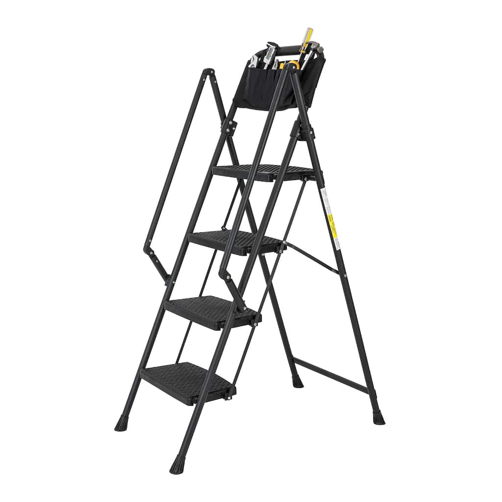 Black 4-Step Folding Step Stool Ladder Removable Tool Bag