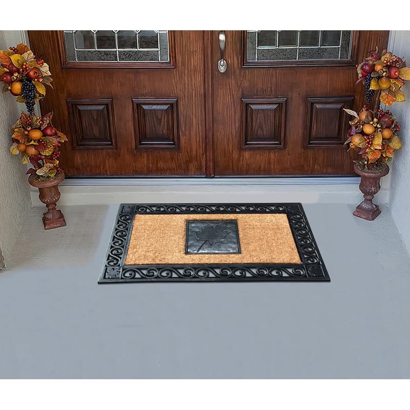 A1HC Rubber and Coir Maple Leaf, Heavy Weight Durable Black Doormat, 23"X38"