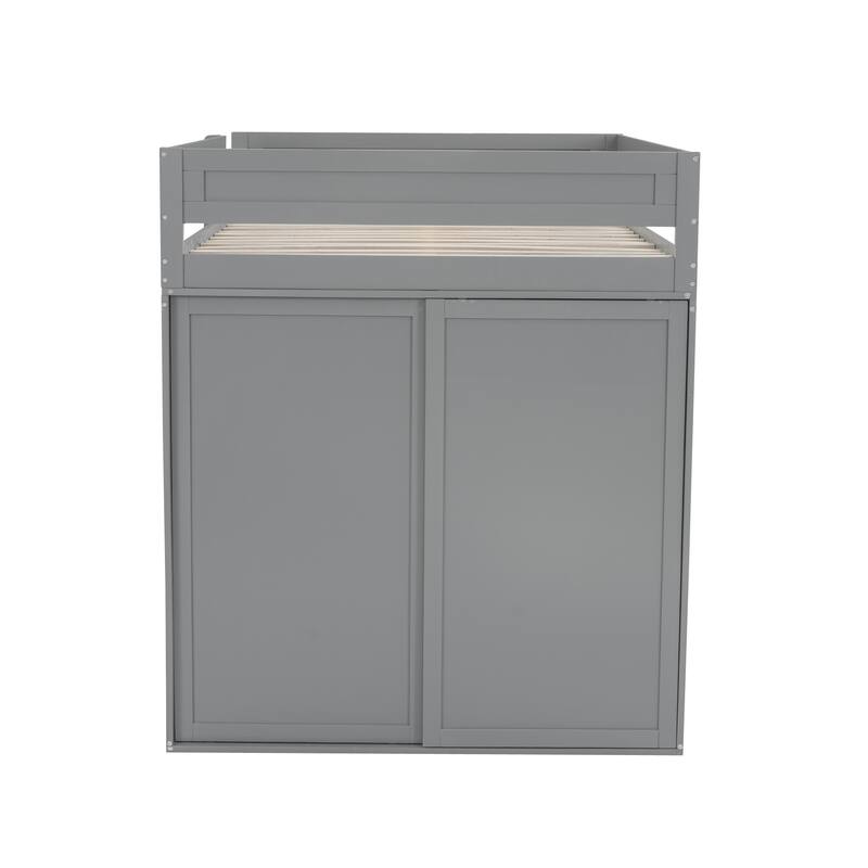 Full Size Loft Bed with Wardrobes, Desk, and Storage Cabinet in Gray