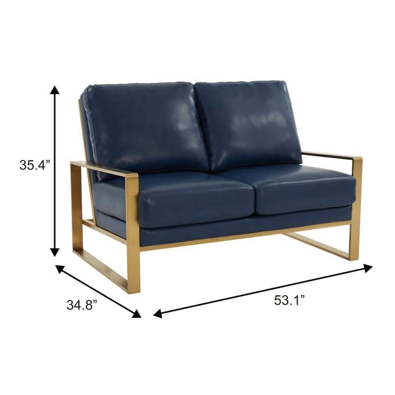Jefferson Modern Leather Loveseat Gold with Gold Metal Base, Cushion Seating, Pocket Springs, and Protective Floor Pads - 53.1