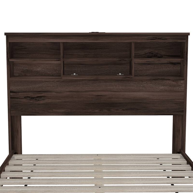 Queen Size Wood Platform Bed with Storage Headboard and USB Charging