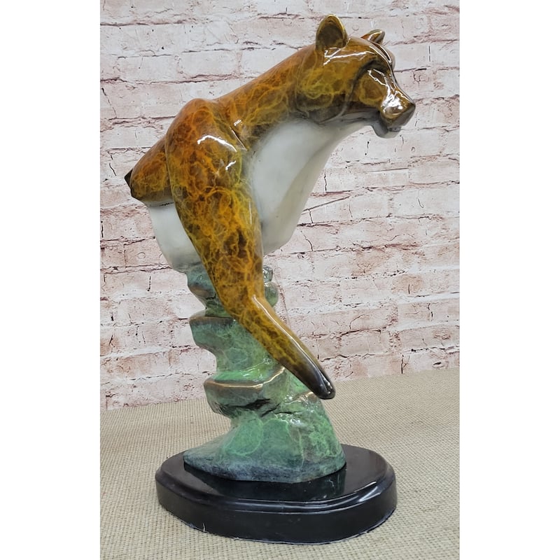 Bronze Metal Cougar Mountain Lion W/ Glazed Patina Finish Statue Sculpture Limited Edition 14 Inches X 10 Inches