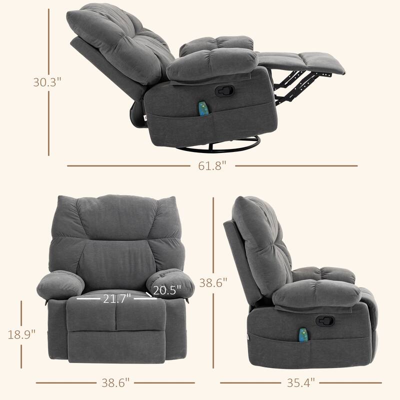 Grey Oversized Manual Swivel Recliner with Heated Massage, Footrest, 4 Side Pockets, and Remote Control