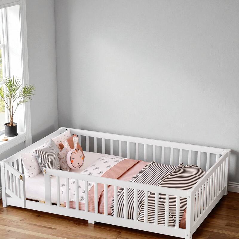 Twin/Full/Queen Size Wood Floor Bed with Door and Guardrails for Kids, Montessori Bed with Removable Slats - White - Full