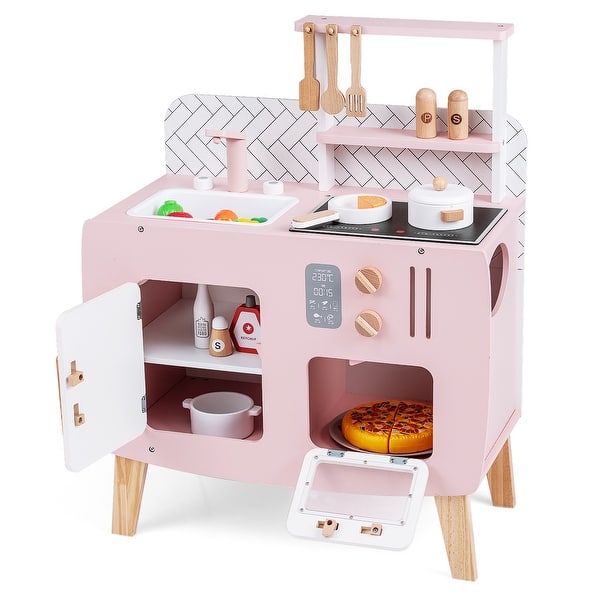 slide 2 of 10, Gymax Play Kitchen w/Stoves Sink Faucet Oven Storage Cabinet Shelves Pink
