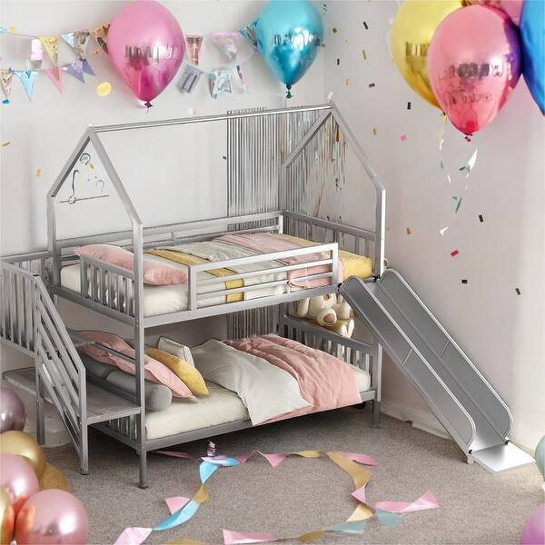 slide 2 of 26, Twin over Twin Metal Bunk Bed House Bed with Slide and Staircase for Home Silver