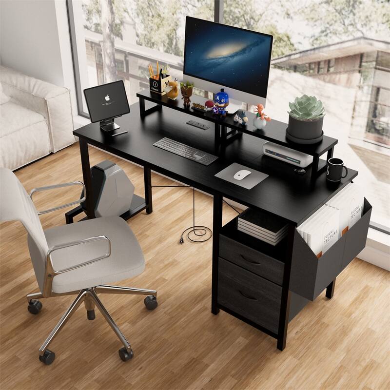 47.3" Computer Desk w/Power Outlet,Monitor Stands,Shelves,Office Desk